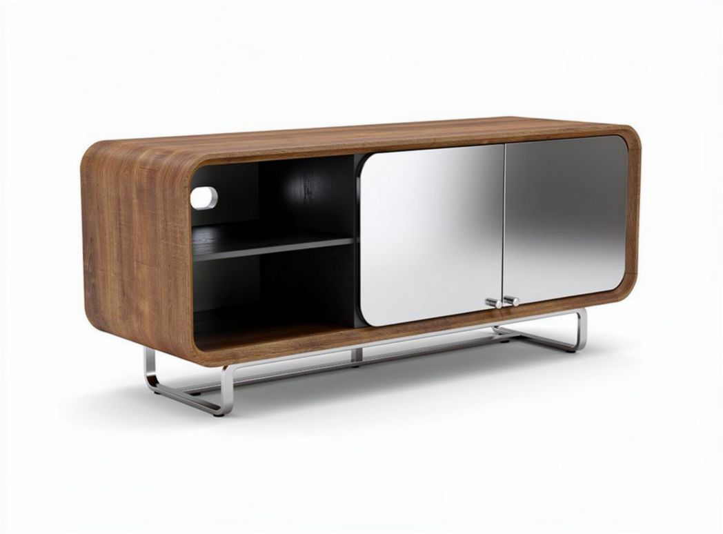 Wooden sideboard cabinet with mirrored doors and chrome legs 120 x 45 x 70cm