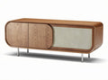 Wooden media console with rattan accents and circular door design 150 x 40 x 60cm