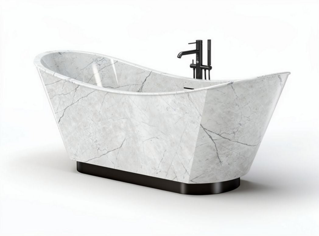 Marble freestanding bathtub with modern design and black faucet 170 x 70 x 60cm